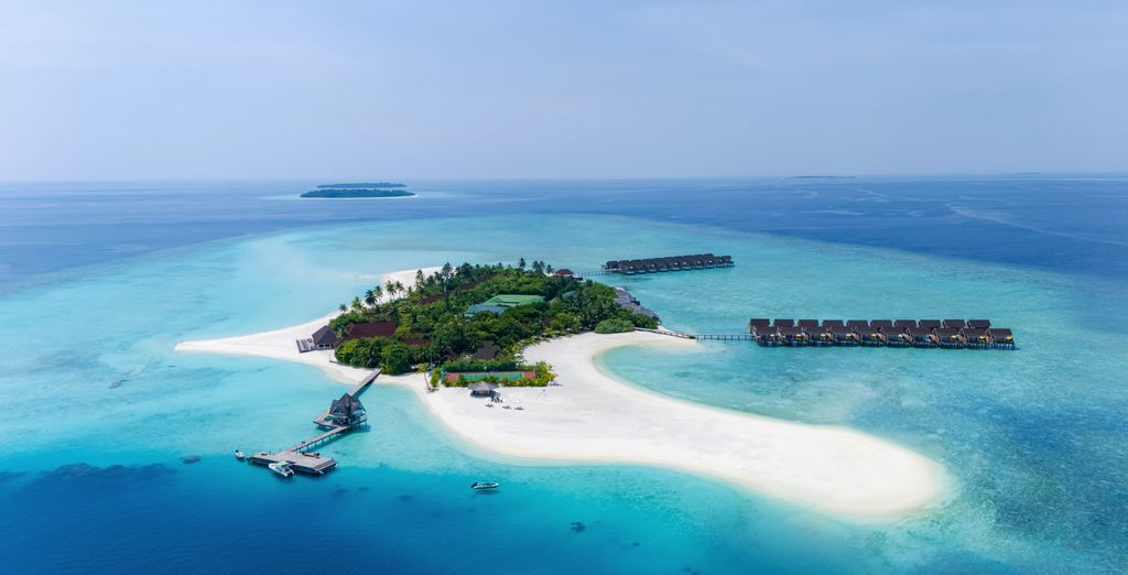 Île-hôtel maldivienne vue du ciel, banc de sable et villas sur pilotis