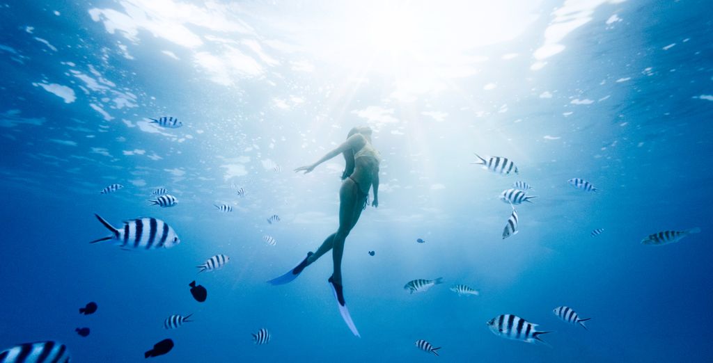 Plongeuse en apnée dans un lagon polynésien, entourée de poissons