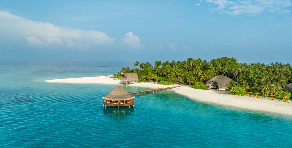 Banc de sable et villas sur pilotis dans l’atoll de Dhaalu