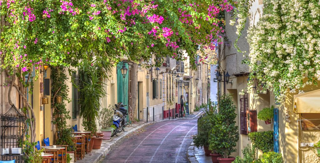 Stroll through the pretty cobbled streets of Greece